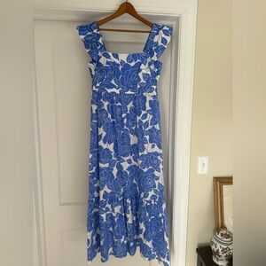 Blue and White Flutter Sleeve Floral Dress